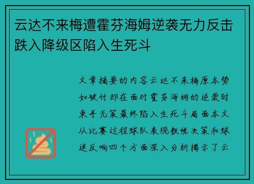 云达不来梅遭霍芬海姆逆袭无力反击跌入降级区陷入生死斗