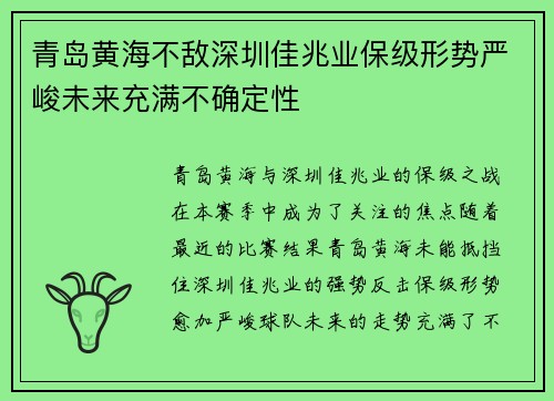 青岛黄海不敌深圳佳兆业保级形势严峻未来充满不确定性