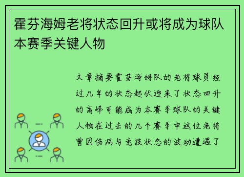 霍芬海姆老将状态回升或将成为球队本赛季关键人物