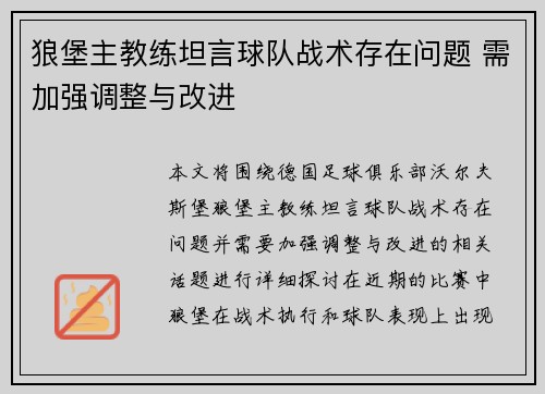 狼堡主教练坦言球队战术存在问题 需加强调整与改进
