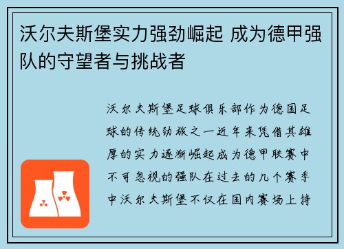 沃尔夫斯堡实力强劲崛起 成为德甲强队的守望者与挑战者